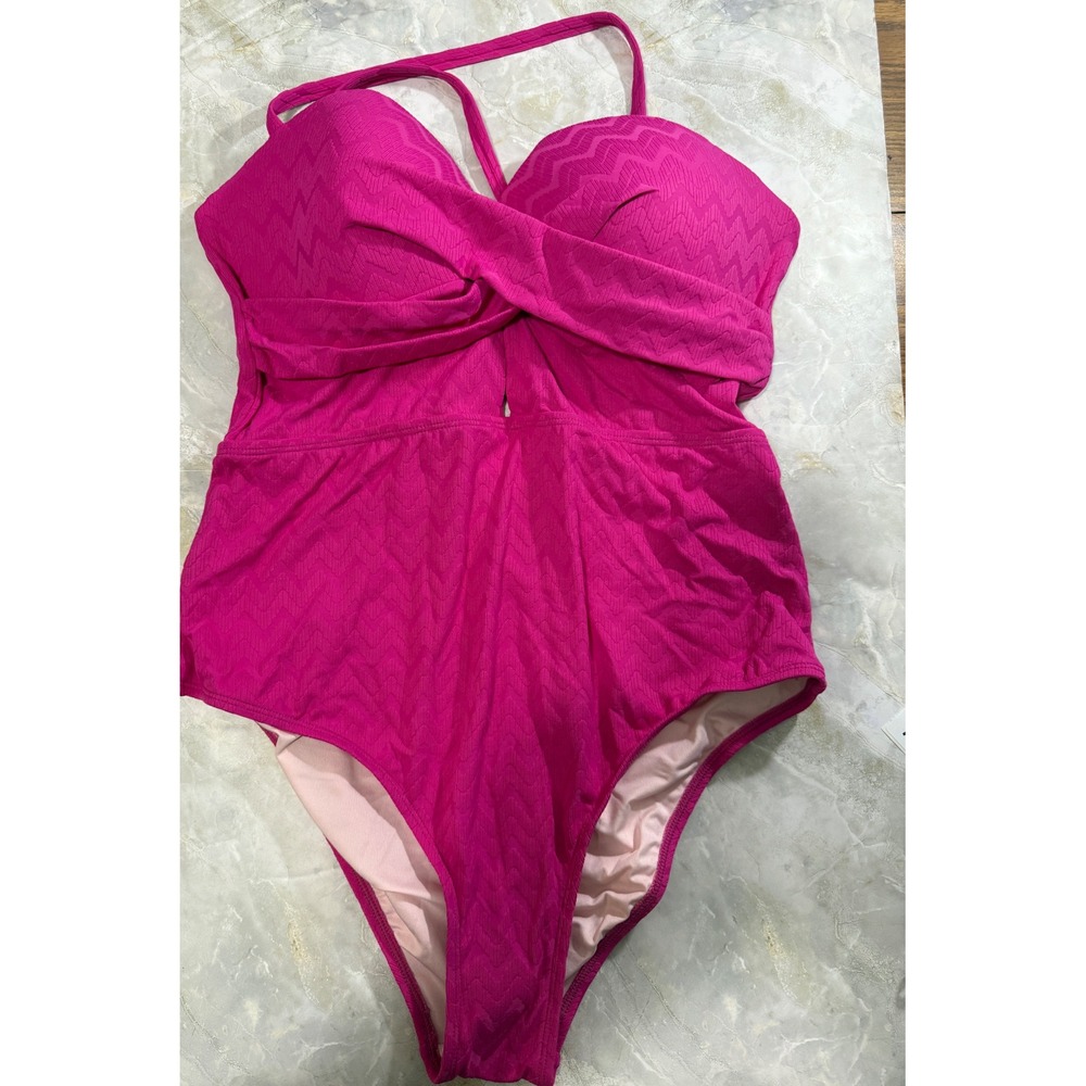 CupShe Pink Swimsuit Criss Cross Lace Up Back Sweetheart Neck Textured L - Picture 2 of 13